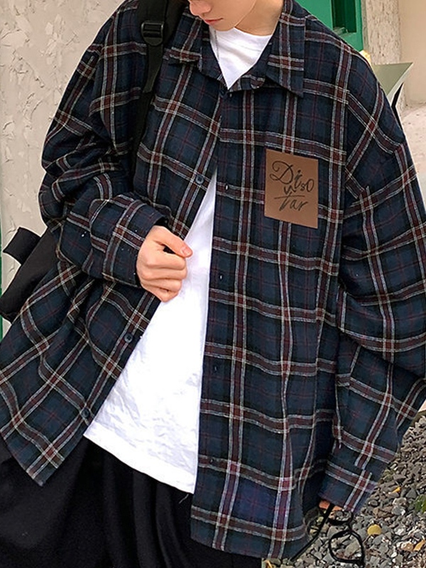 Men's Contrast Color Plaid Long Sleeve Tee-2