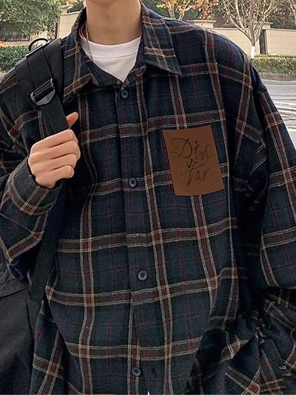 Men's Contrast Color Plaid Long Sleeve Tee-1