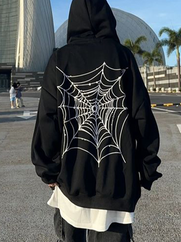 Men's Hip Pop Spider Web Print Oversized Hoodie-3