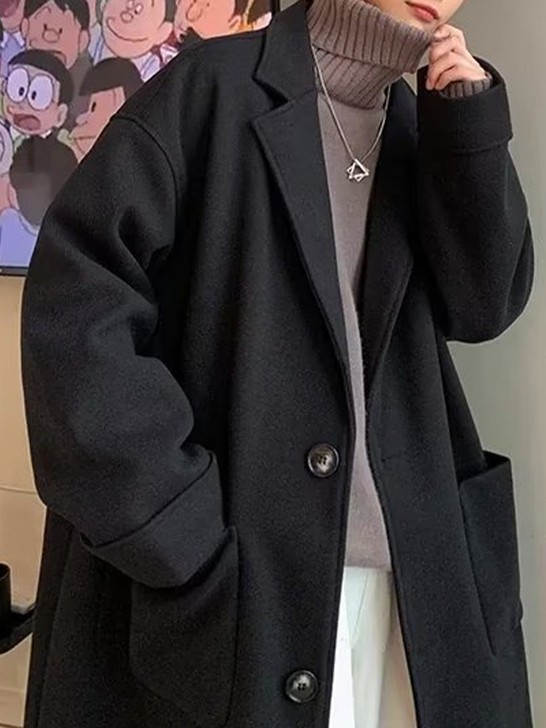 Men's Solid Lapel Neck Longline Woolen Coat-1