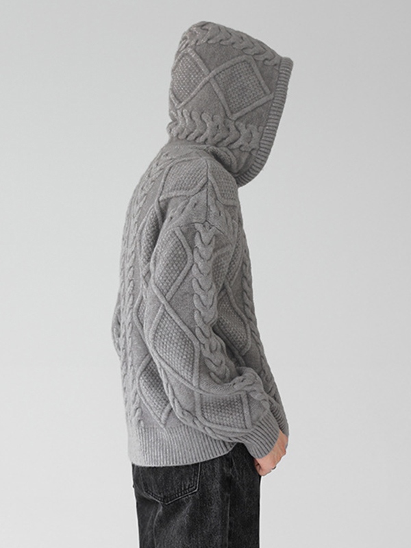 Men's Solid Cable Knit Zip Up Oversized Hoodie-2