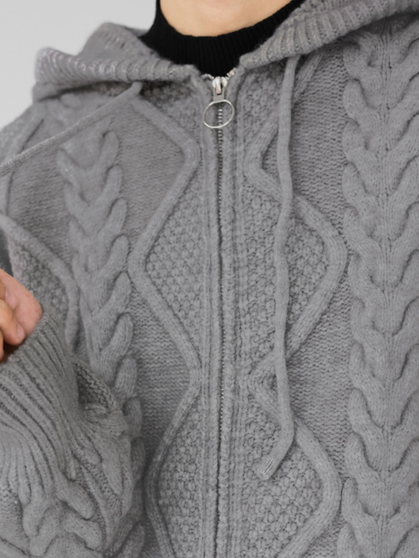Men's Solid Cable Knit Zip Up Oversized Hoodie-3