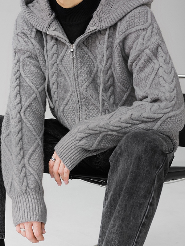 Men's Solid Cable Knit Zip Up Oversized Hoodie-4