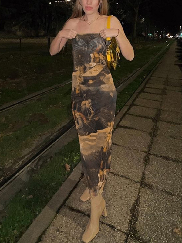 Vintage Painting Print Bandeau Slim Midi Dress-1