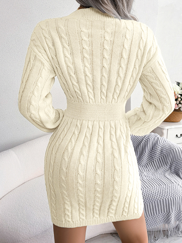 Solid V Neck Cable Knit Mini Dress-3