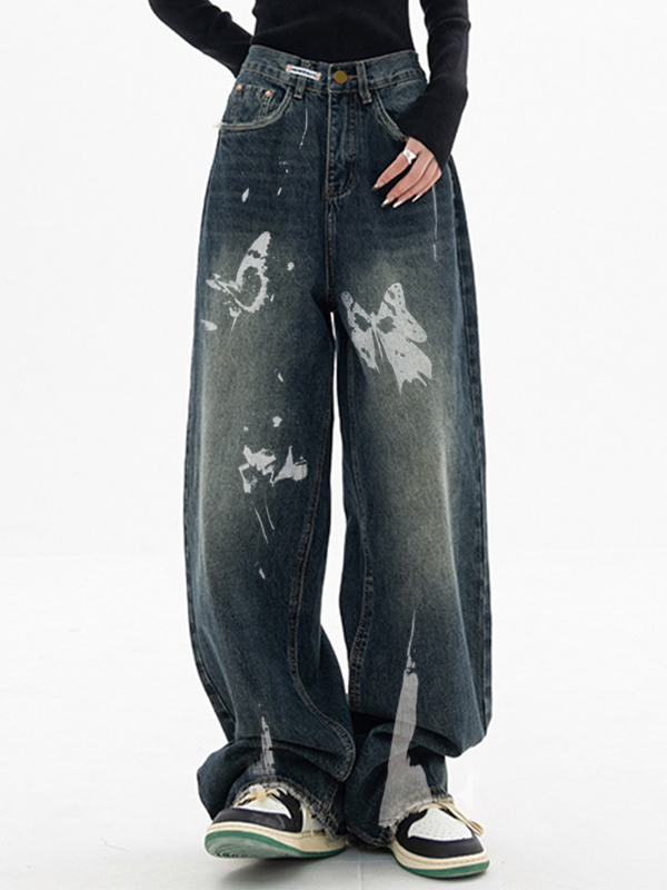 Butterfly Print Boyfriend Jeans-1