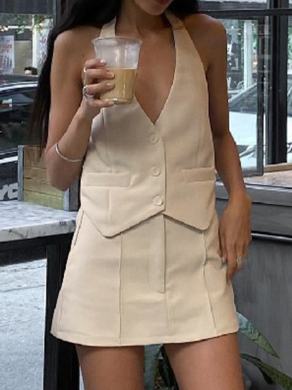 Solid V Neck Halter Vest&Splice Mini Skirt Set-2