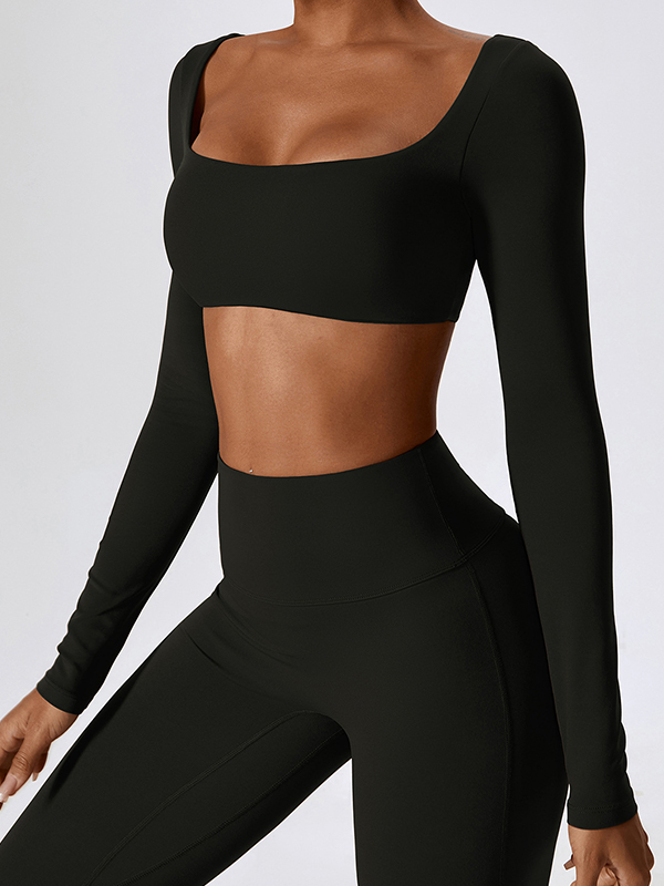 Solid Quick Dry Square Neck Cropped Active Top&Pants Set-3