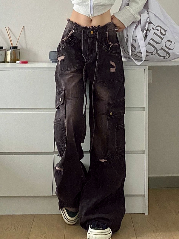Vintage Distressed Studded Ripped Cargo Jeans-3