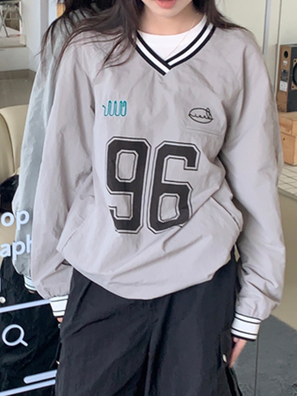 Number Print V Neck Thin Sweatshirt-4