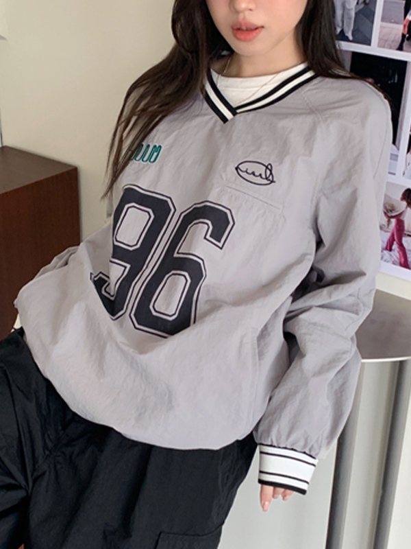 Number Print V Neck Thin Sweatshirt-3