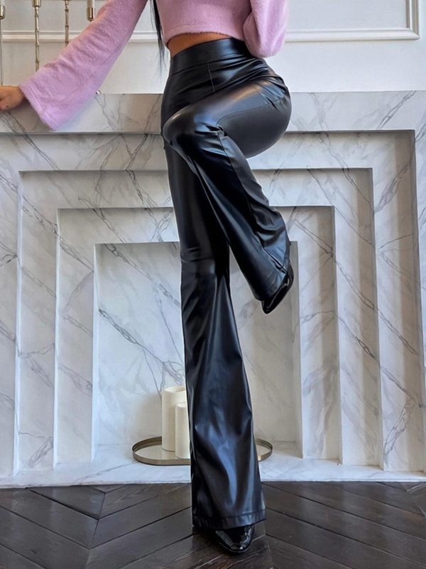 Pu Leather High Rise Flared Leather Pants-1