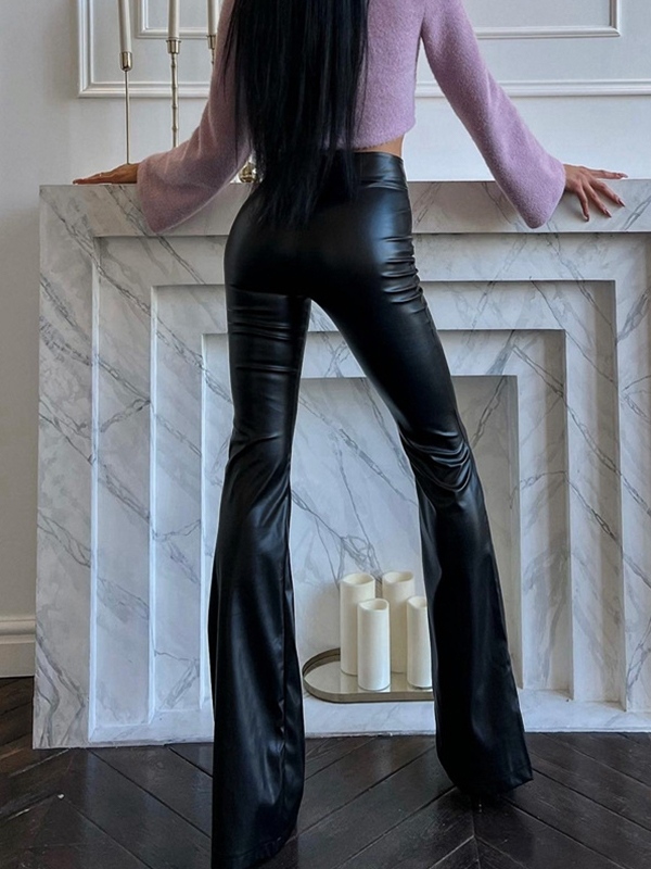 Pu Leather High Rise Flared Leather Pants-3