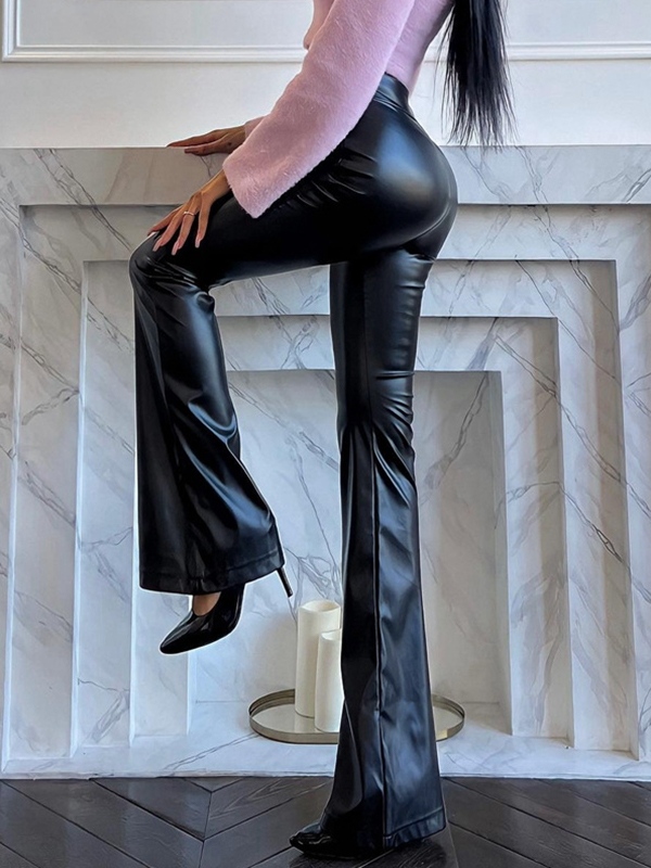 Pu Leather High Rise Flared Leather Pants-2