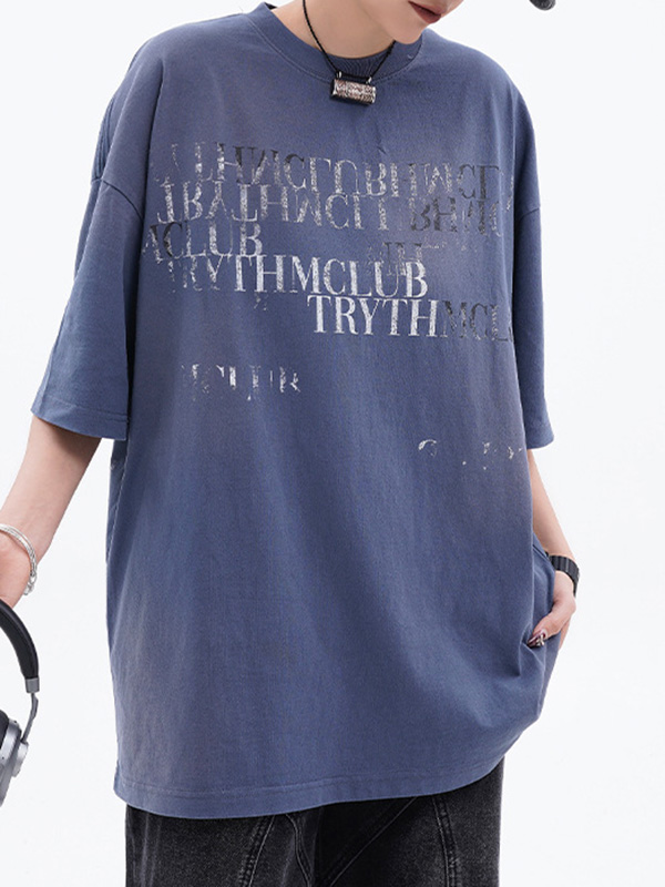 Distressed Letter Print Oversized Short Sleeve Tee-1