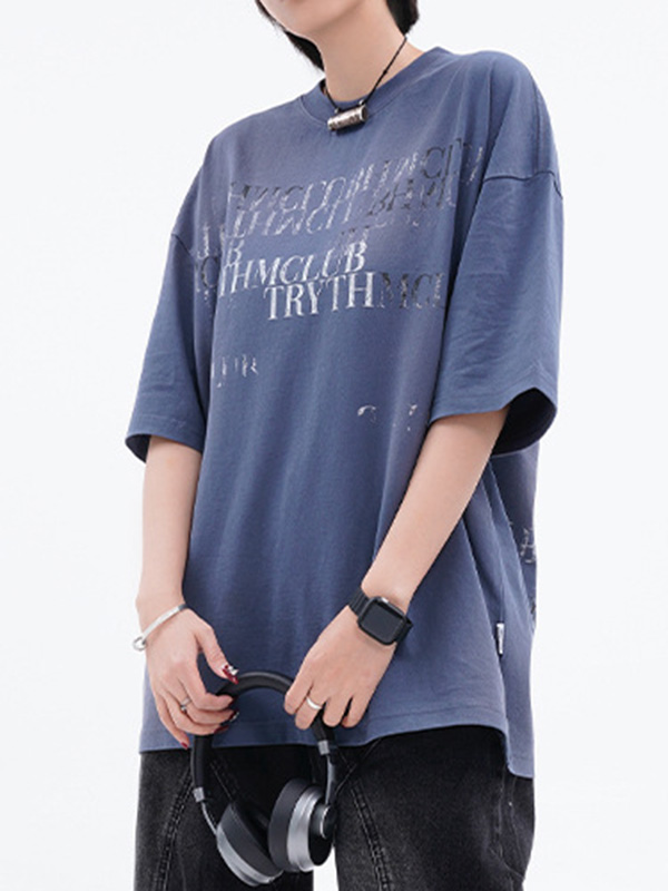 Distressed Letter Print Oversized Short Sleeve Tee-2