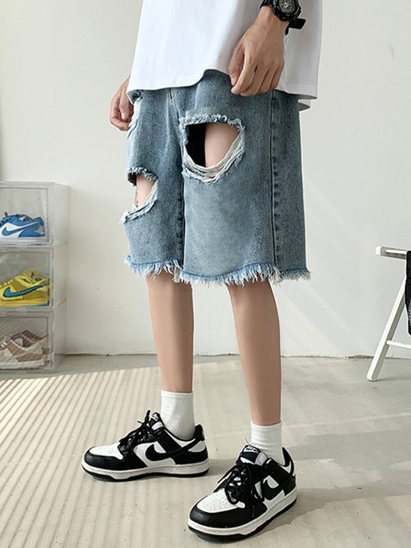 Men's Vintage Distressed Ripped Denim Shorts-2