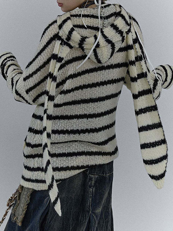 Rabbit Ear Styling Hooded Stripe Cardigan-3