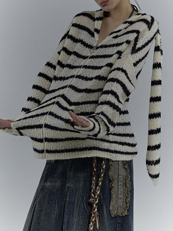 Rabbit Ear Styling Hooded Stripe Cardigan-2