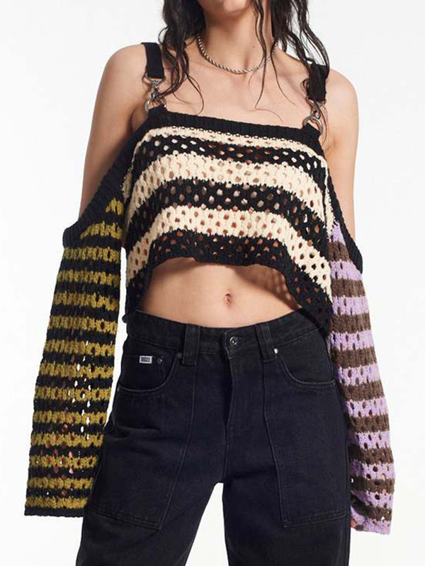 Cutout Contrast Color Splice Buckle Strap Crochet Top-2