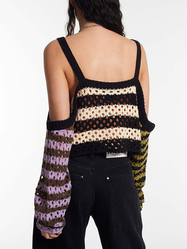 Cutout Contrast Color Splice Buckle Strap Crochet Top-4