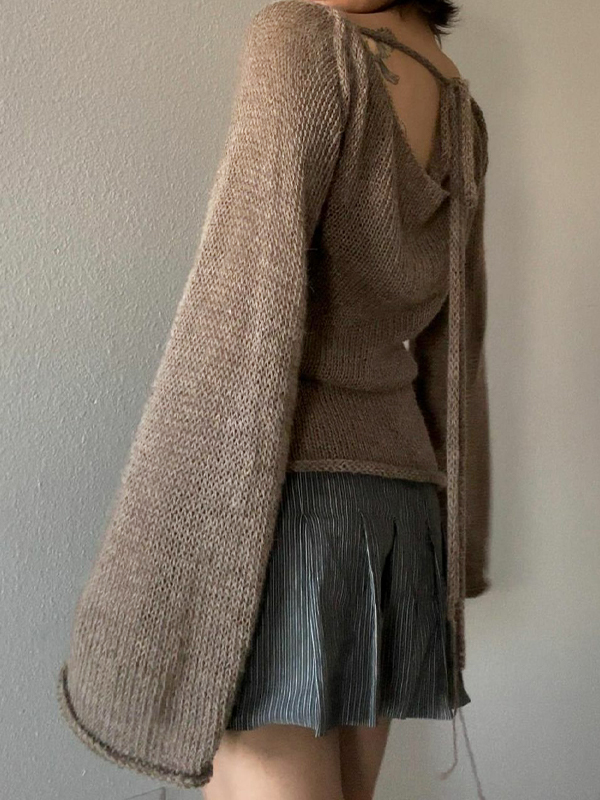 Solid Color Backless Lace Up Long Sleeve Knit-5