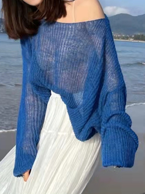 See Through Solid Loose Short Long Sleeve Knit-1