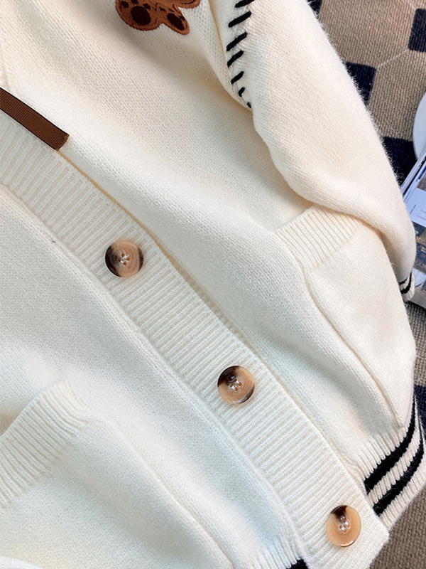 Preppy Bear Embroidery Seam Detail V Neck Knit Cardigan-4