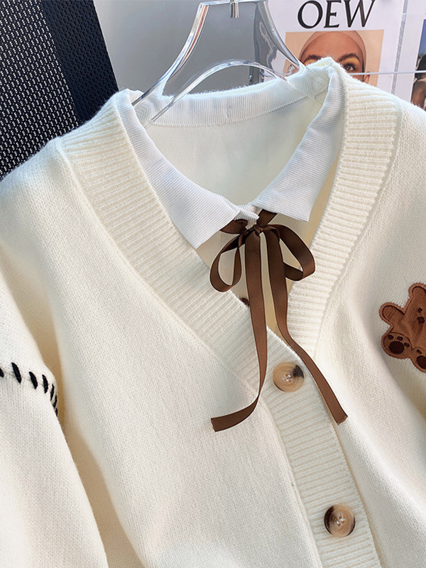 Preppy Bear Embroidery Seam Detail V Neck Knit Cardigan-3