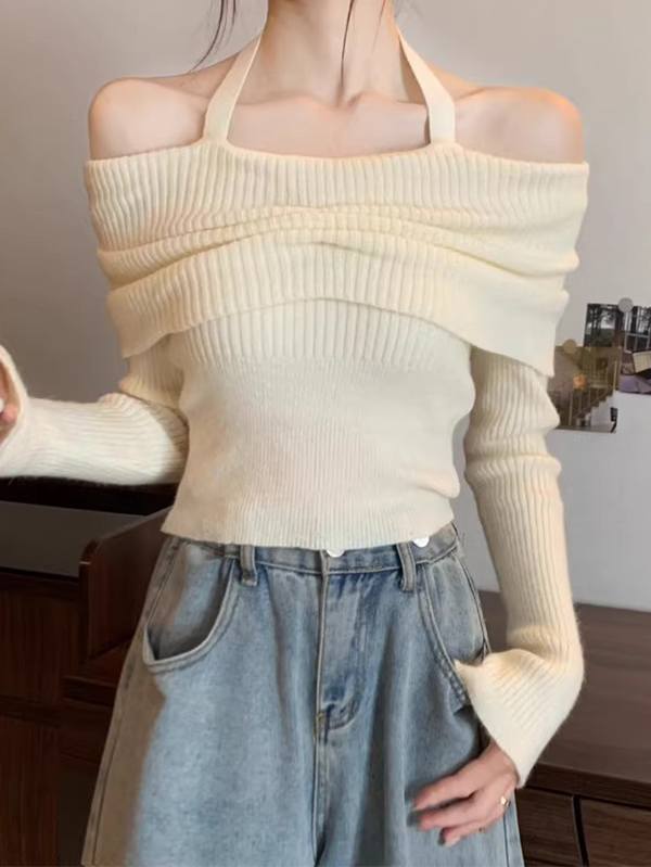Solid Halter Ruched Cold Shoulder Sweater-4