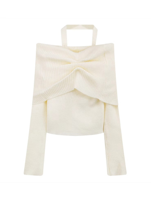 Solid Halter Ruched Cold Shoulder Sweater-5