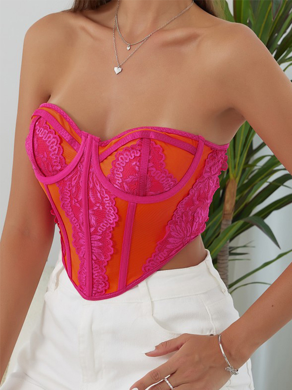 Color Block Lace Splice Bandeau Corset Top-1